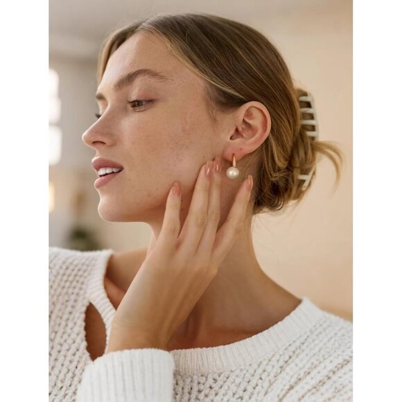 Gold Barrel Hoop Handpicked A+Quality 7.5-8mm White Pearl Dangle Drop Earring - Picture 3 of 7